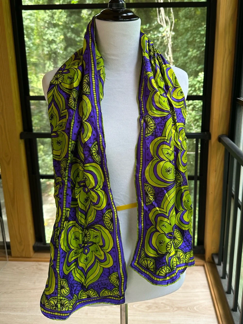 Bohemian Jet-Setting Psychedelic Mod Floral Medallion 60s Hand-Rolled Silk Scarf